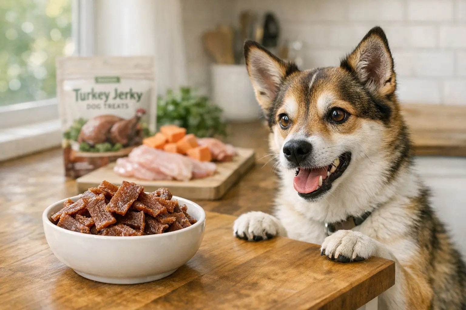 Happy dog beside a bowl of turkey jerky treats with Plato Pet Treats turkey jerky bag in the background