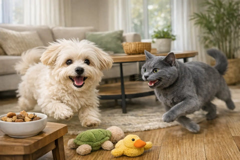 Dog and cat experiencing playful zoomies indoors
