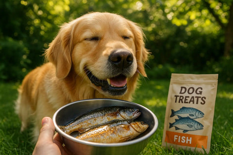A healthy dog enjoying omega-3-rich fish treats from Plato Pet Treats