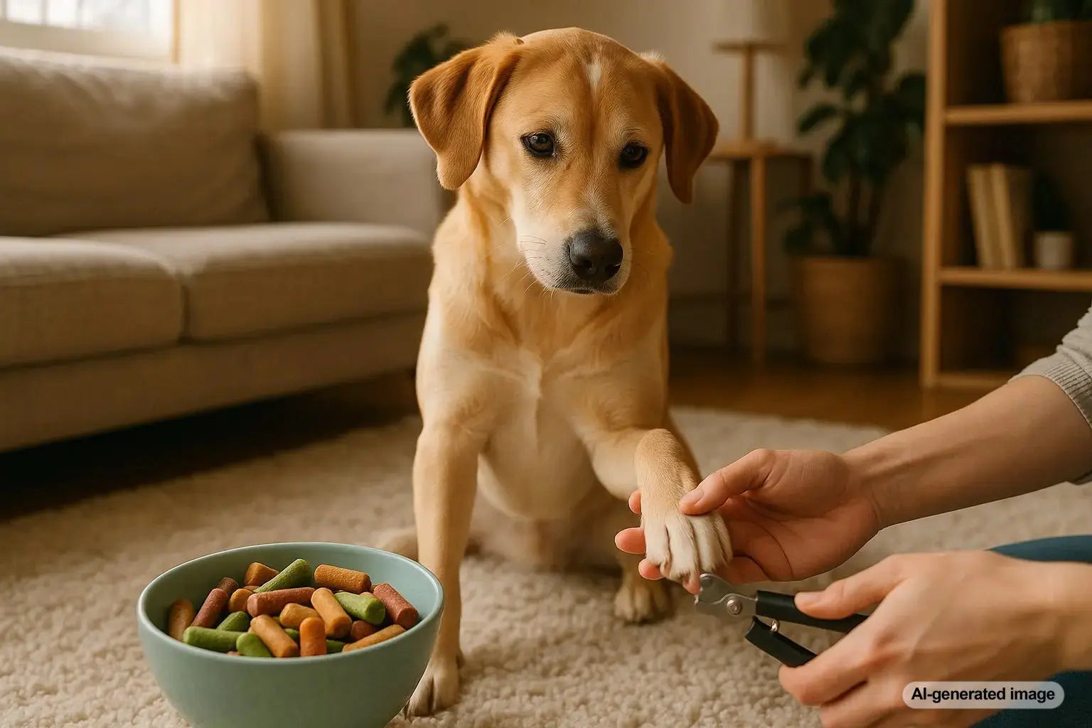 Dog calmly receiving a nail trim while being rewarded with healthy treats