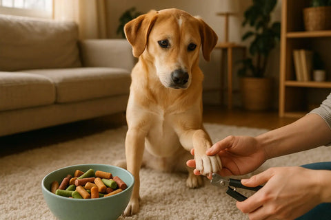 Dog calmly receiving a nail trim while being rewarded with healthy treats