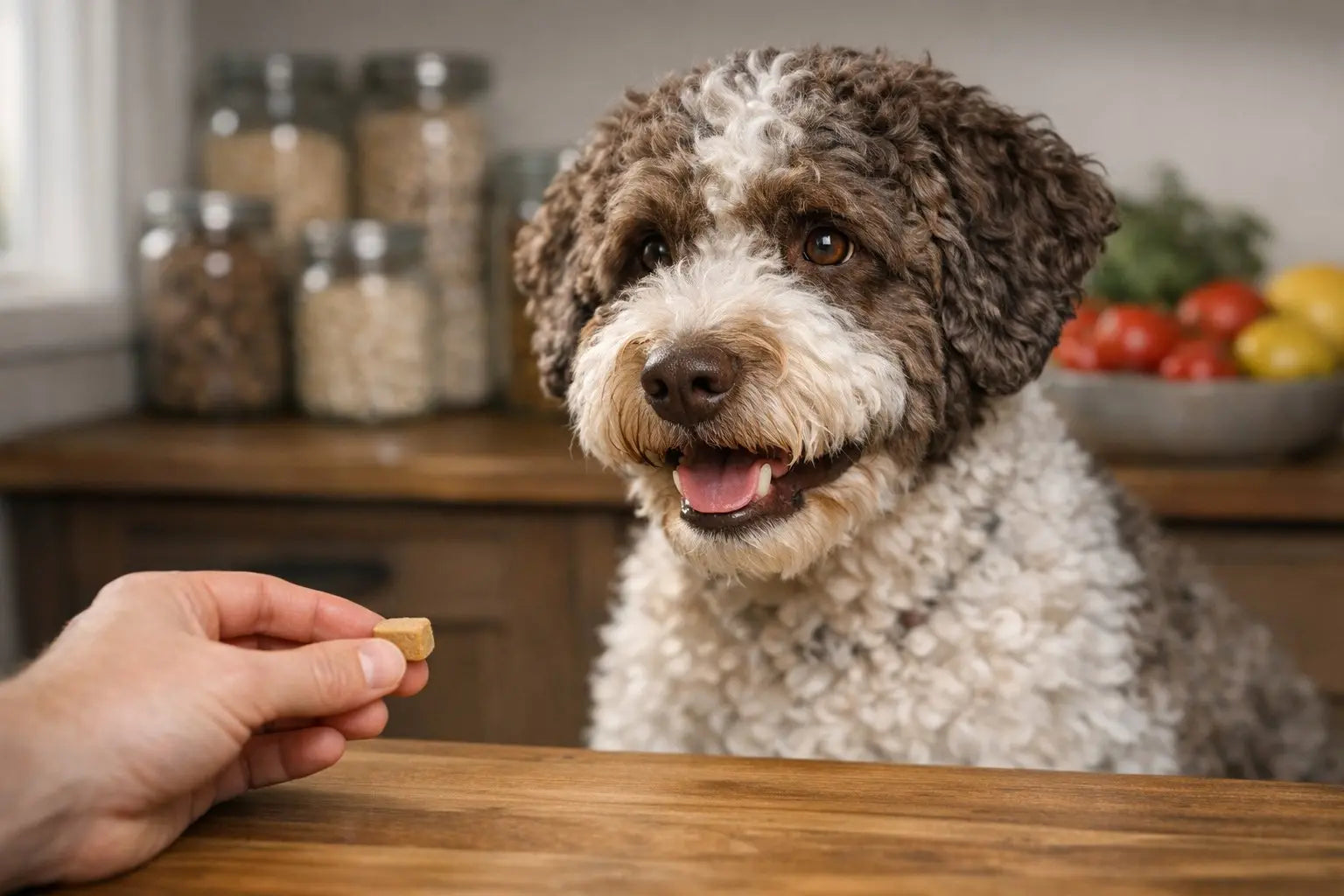 Dog owner using limited-ingredient treats to troubleshoot food allergies in a dog