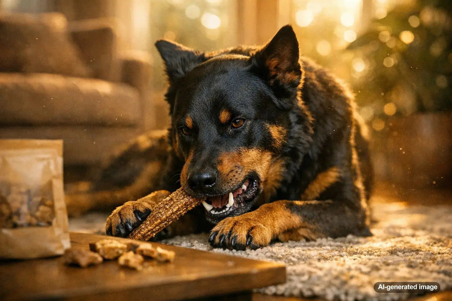 Dog enjoying a long lasting chew treat while staying mentally engaged and occupied