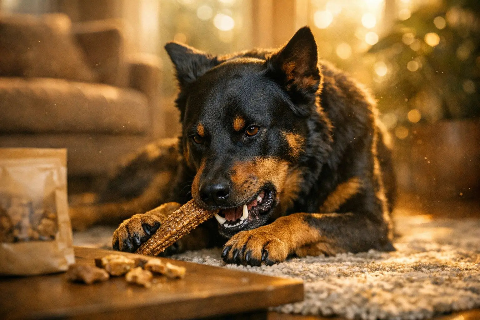 Dog enjoying a long lasting chew treat while staying mentally engaged and occupied