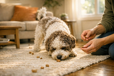 Dog Engaging in Scent Work Game with Treats