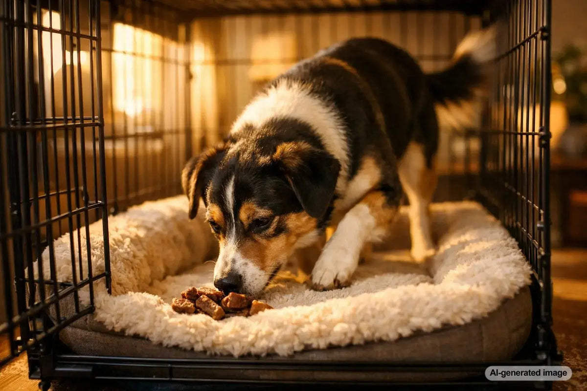 Dog relaxing comfortably in a crate while enjoying a Plato Pet Treat during positive crate training
