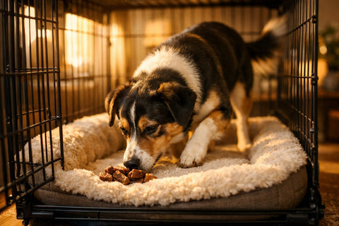Dog relaxing comfortably in a crate while enjoying a Plato Pet Treat during positive crate training