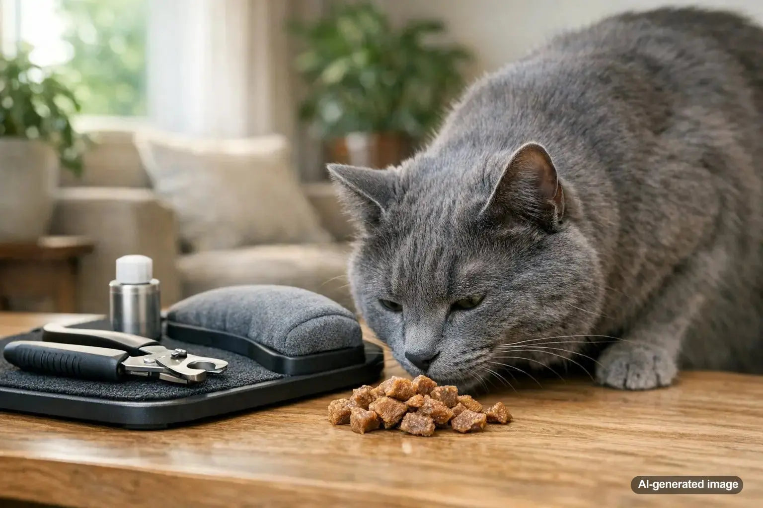 Using treats to encourage a cat to calmly use a nail trimming station without fighting