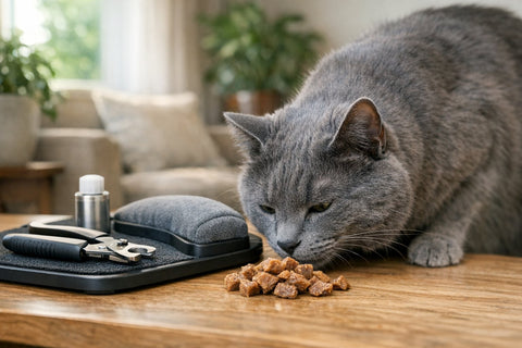 Using treats to encourage a cat to calmly use a nail trimming station without fighting