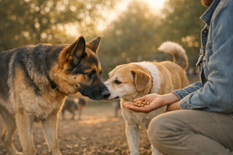 Using treats to encourage better socialization in a nervous German Shepherd during positive training
