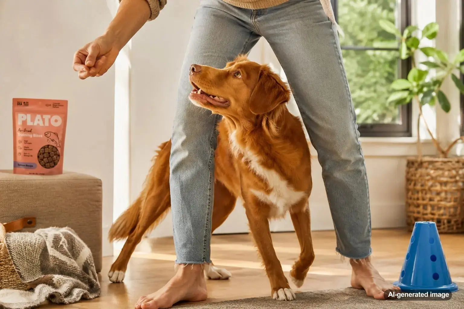 Dog learning complex tricks with training treats from Plato Pet Treats