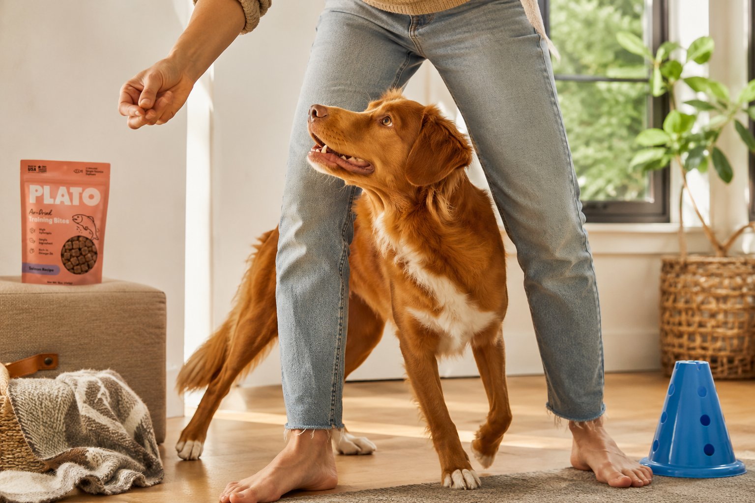 Dog learning complex tricks with training treats from Plato Pet Treats