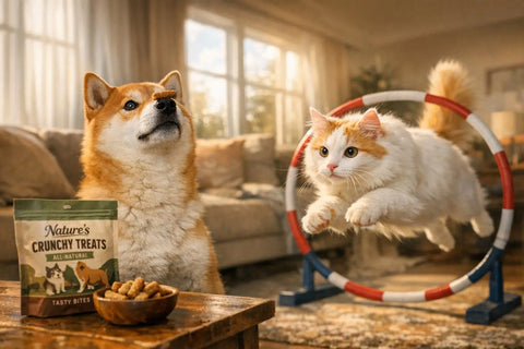 Happy dog and cat participating in fun viral pet challenges at home