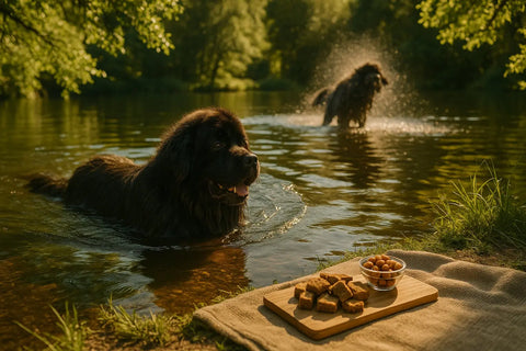 Newfoundland dog by the water enjoying a swim