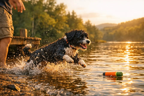 Portuguese Water Dog enjoying water workouts and swimming exercise