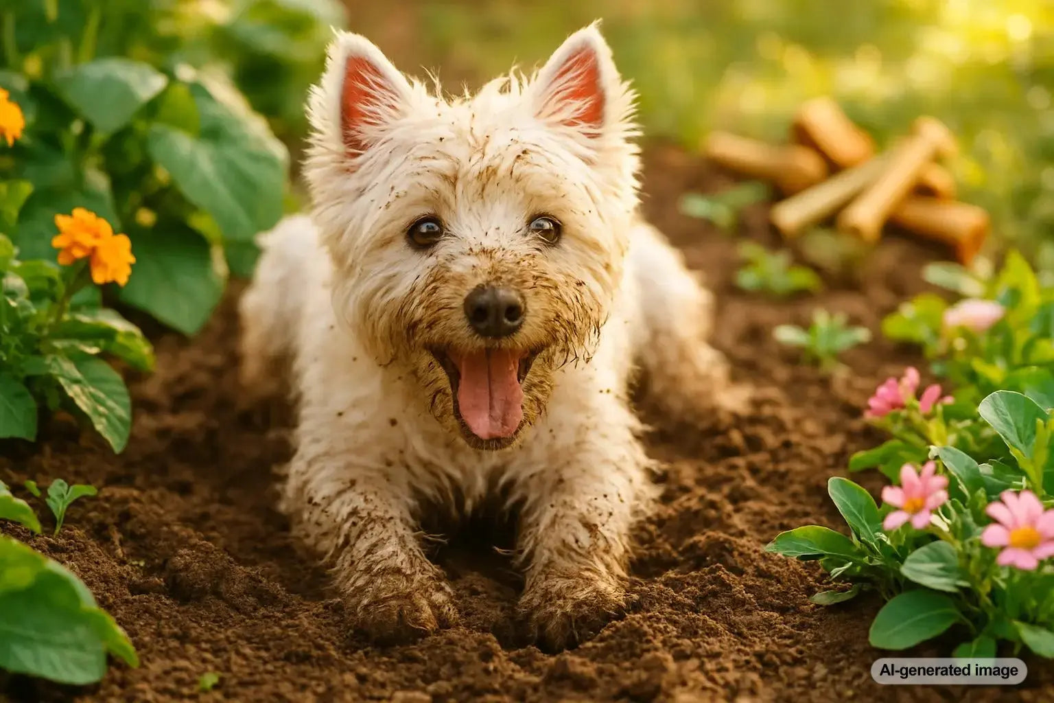 Westie digging in the dirt with a playful expression, promoting healthy digging and skin care for Westies