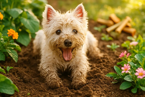 Westie digging in the dirt with a playful expression, promoting healthy digging and skin care for Westies