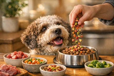 Healthy dog food toppers added to kibble for a more exciting meal