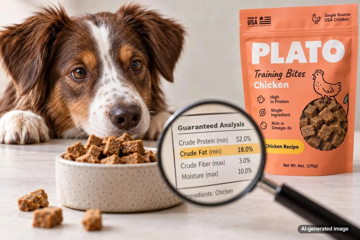 Pet owner reviewing crude fat and guaranteed analysis information on a pet treat label