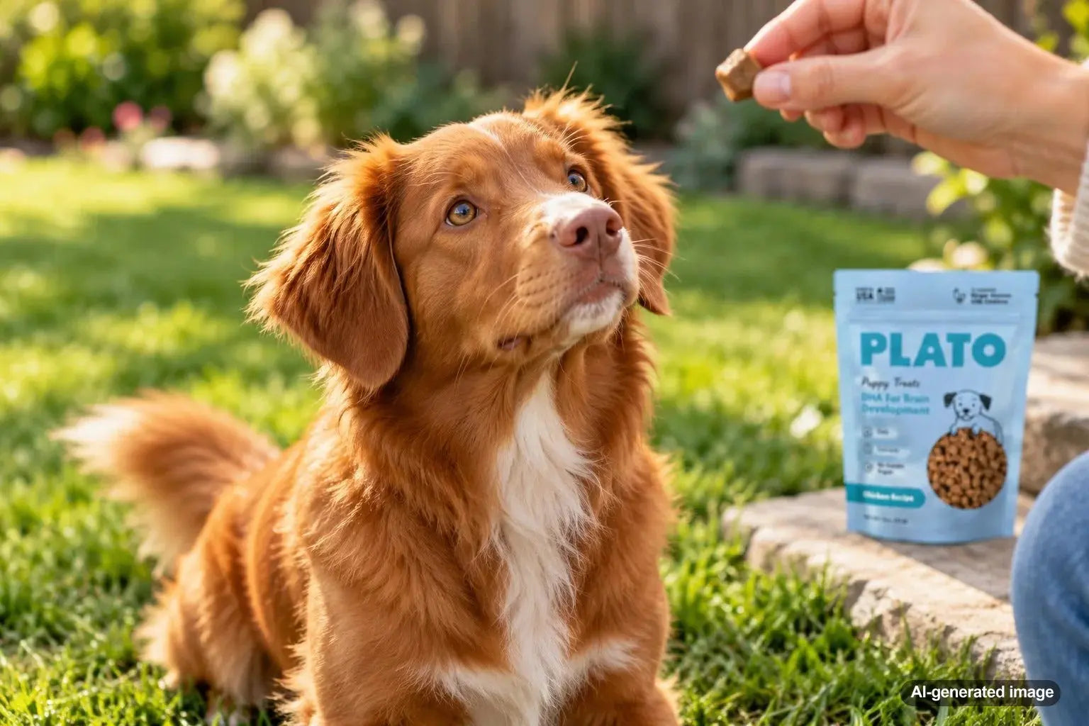 Dog owner reviewing crude protein information on a package of healthy dog treats