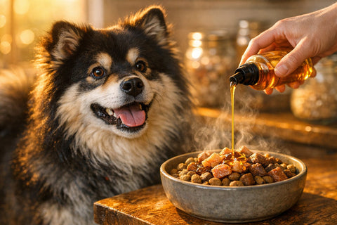 Alaskan salmon oil kibble topper supporting dog skin, coat, and joint health