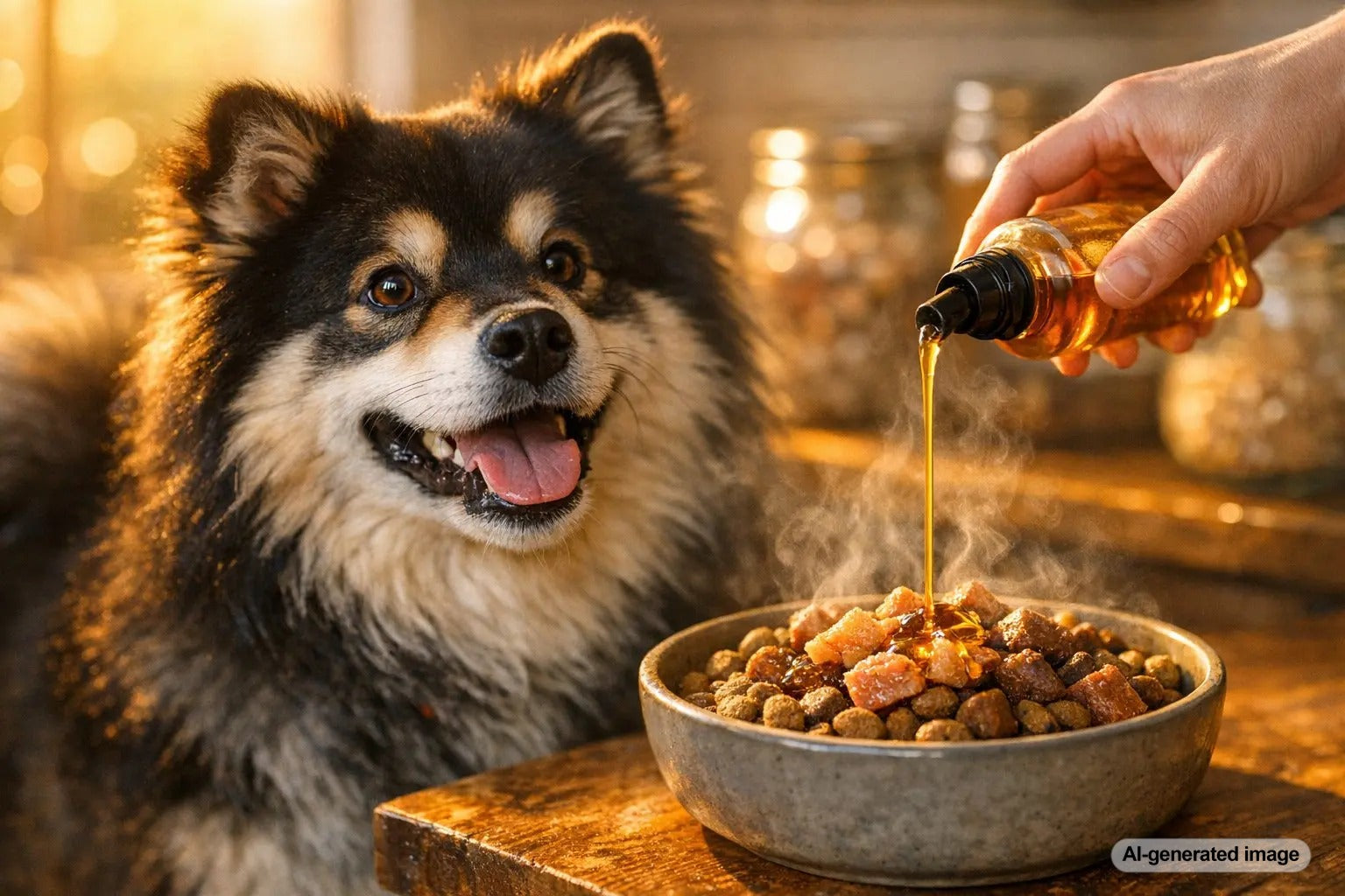 Alaskan salmon oil kibble topper supporting dog skin, coat, and joint health