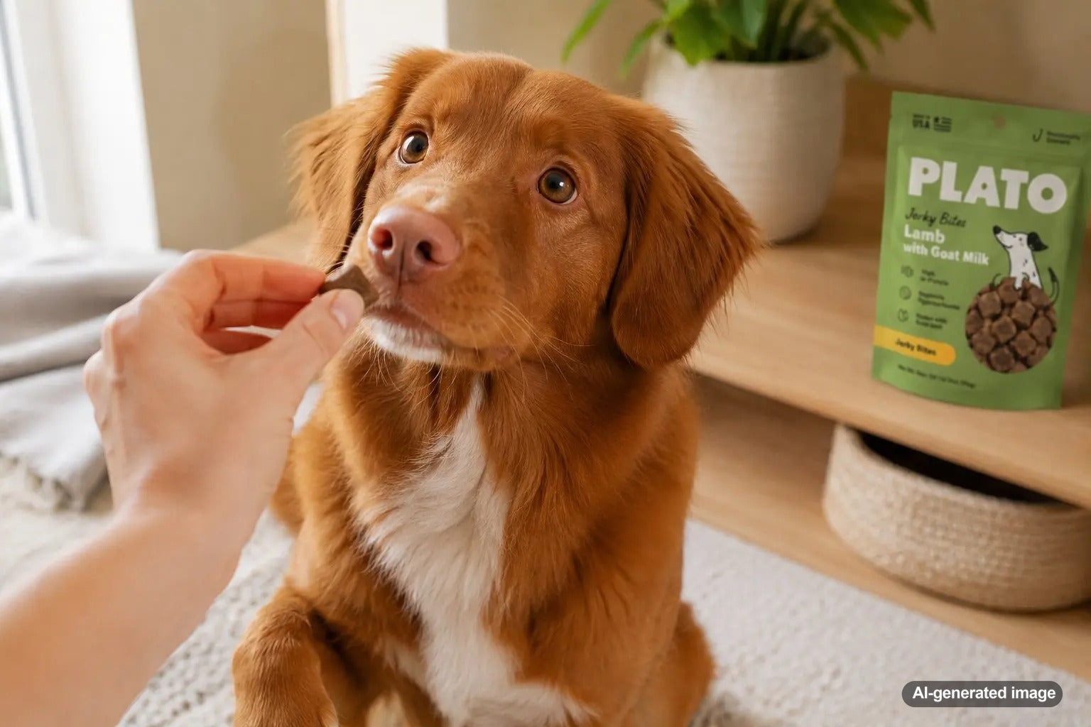 Dog enjoying goat milk dog treats from Plato Pet Treats