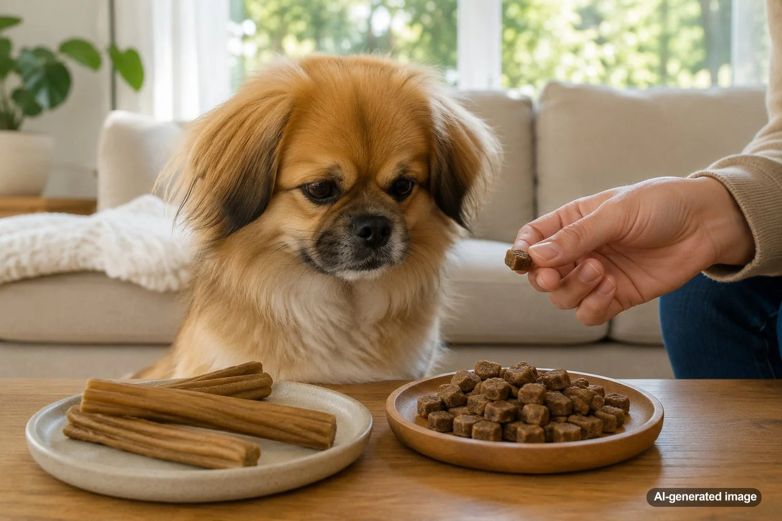 Dog comparing a dental chew with a general hard treat for tartar control