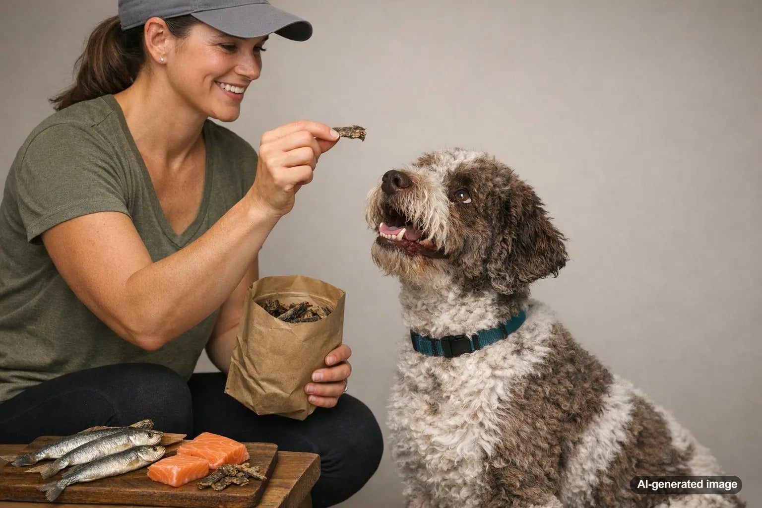 Dog enjoying fish treats for protein variety from Plato Pet Treats
