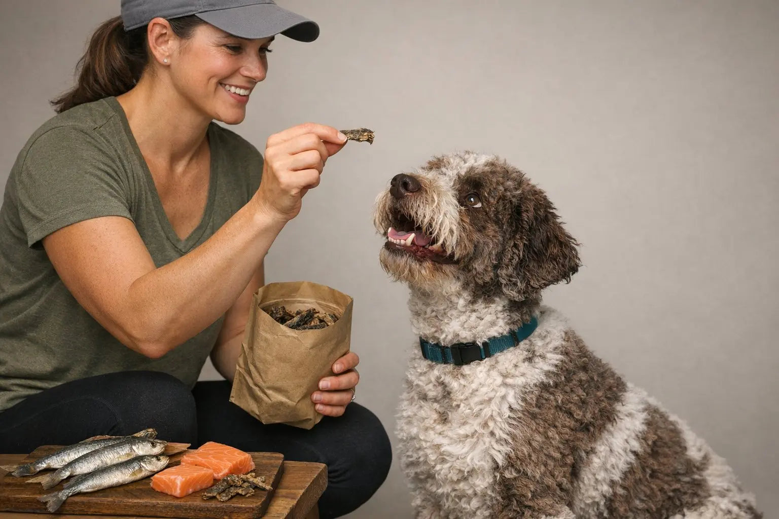 Dog enjoying fish treats for protein variety from Plato Pet Treats