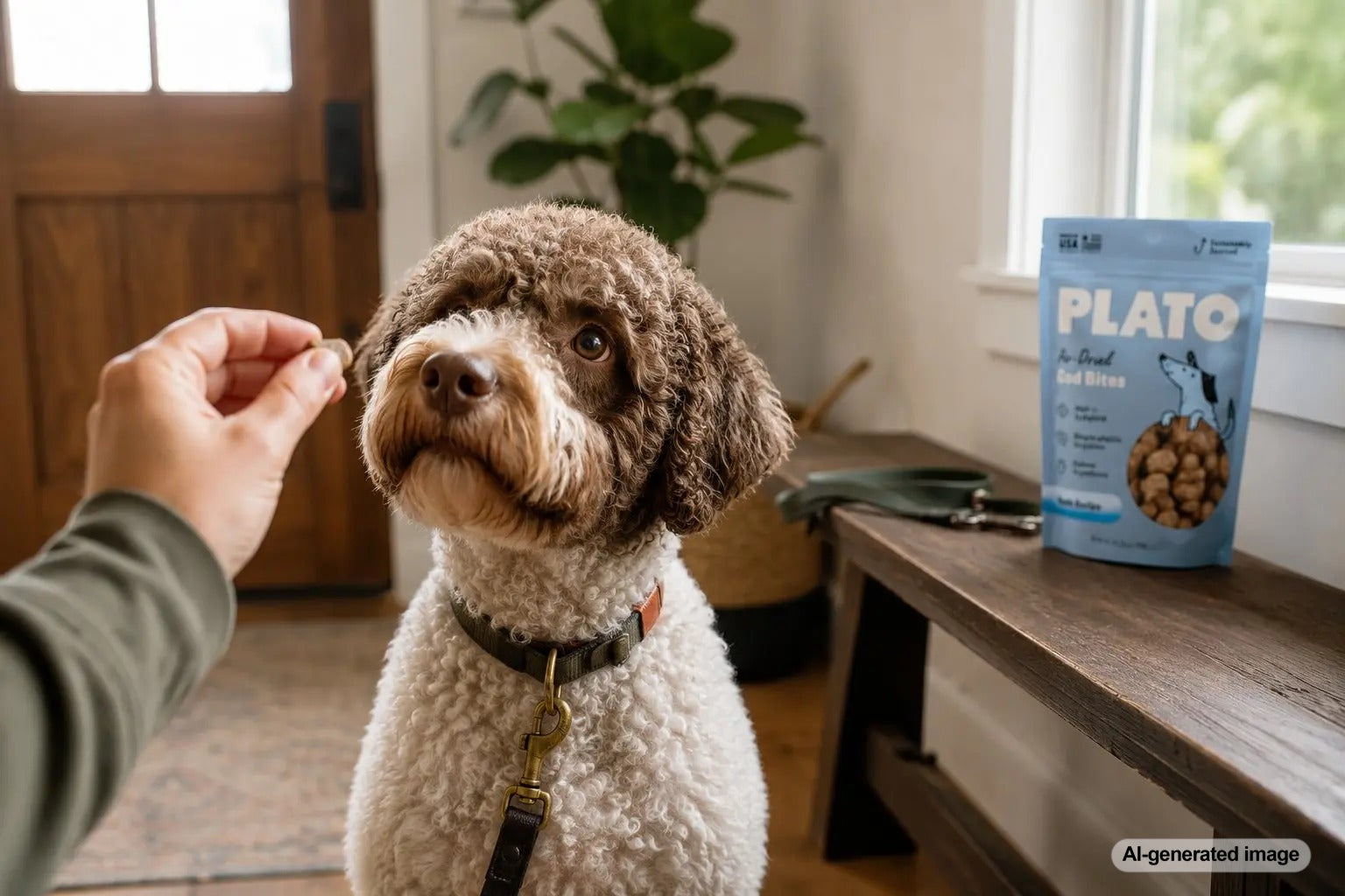Dog enjoying simple limited ingredient dog treats from Plato Pet Treats