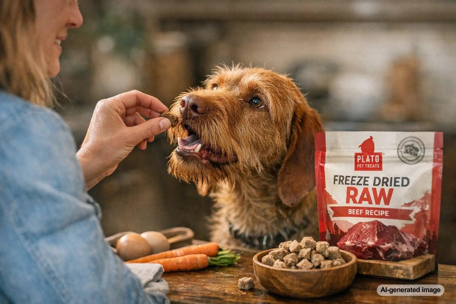 Dog parent learning what to look for in freeze dried raw dog food and air dried alternatives