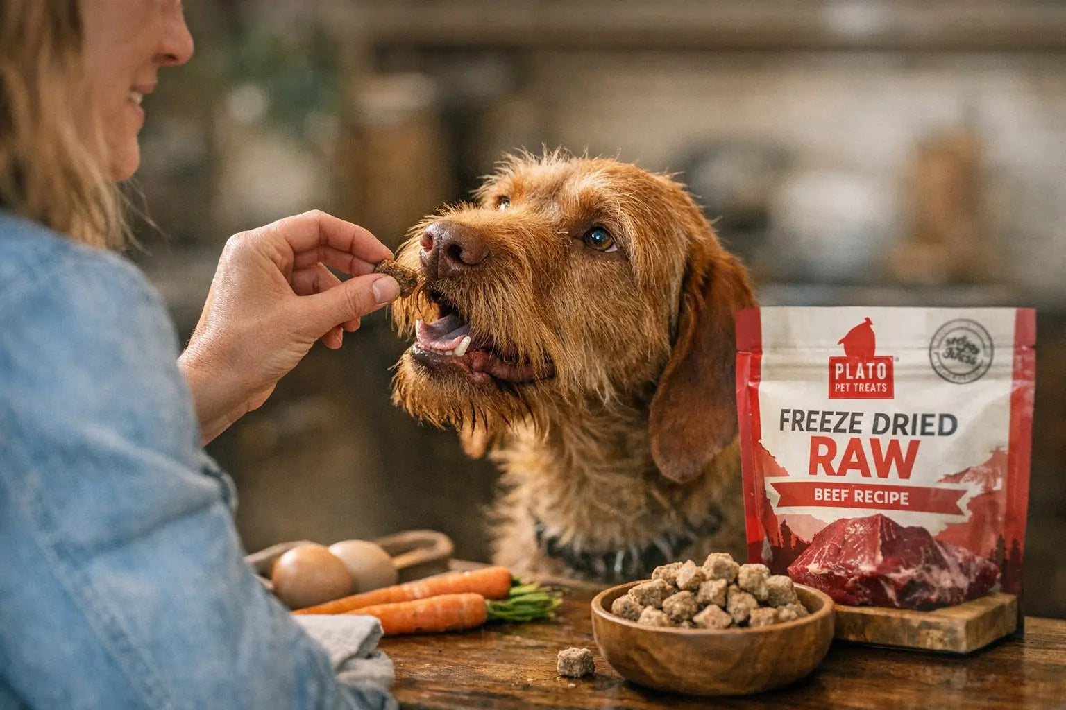 Dog parent learning what to look for in freeze dried raw dog food and air dried alternatives