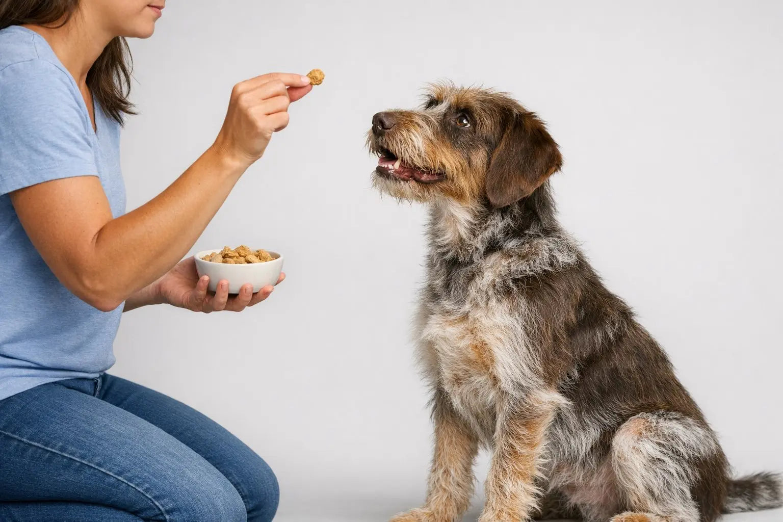 Dog enjoying a high-quality chicken treat while learning what to look for in freeze dried style dog treats