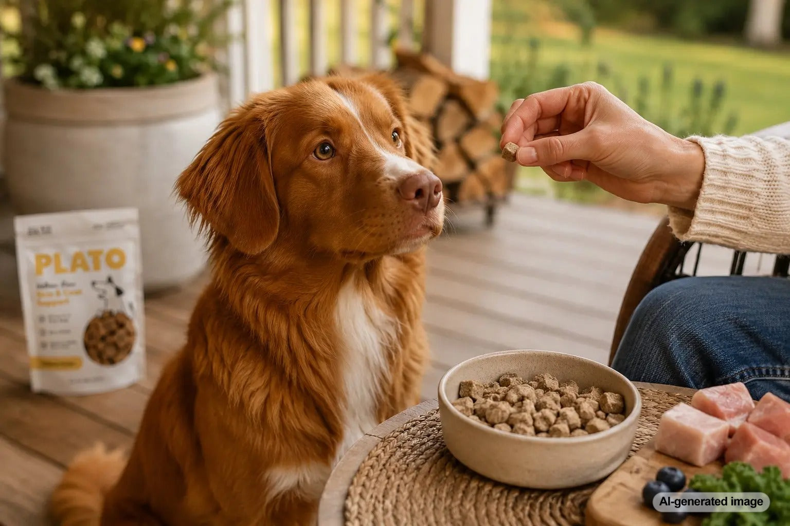 Dog bowl with high-quality raw-inspired dog food and Plato Pet Treats air-dried dog treats