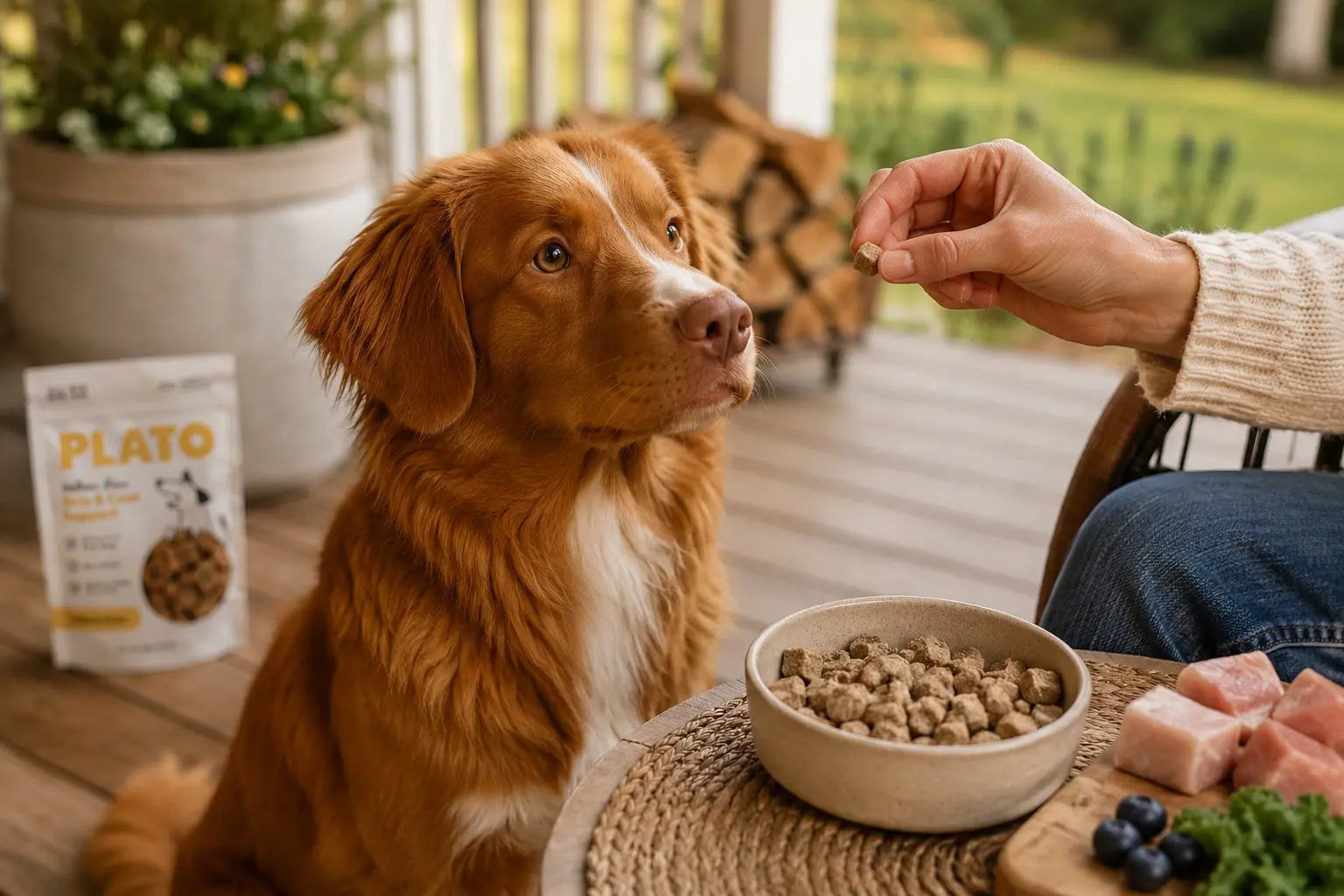 Dog bowl with high-quality raw-inspired dog food and Plato Pet Treats air-dried dog treats