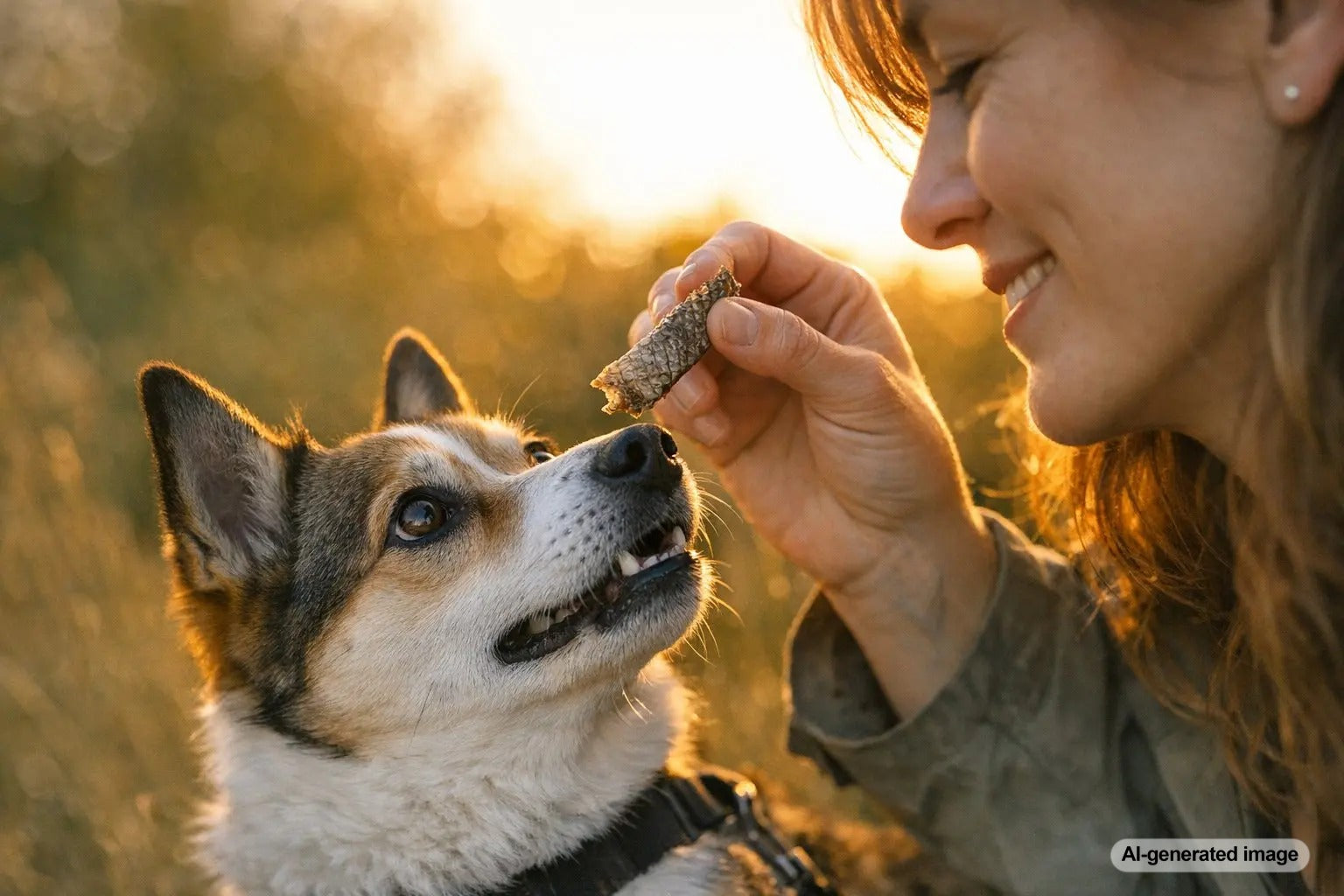 Dog enjoying a fish skin treat while learning what to look for when buying fish skins for dogs