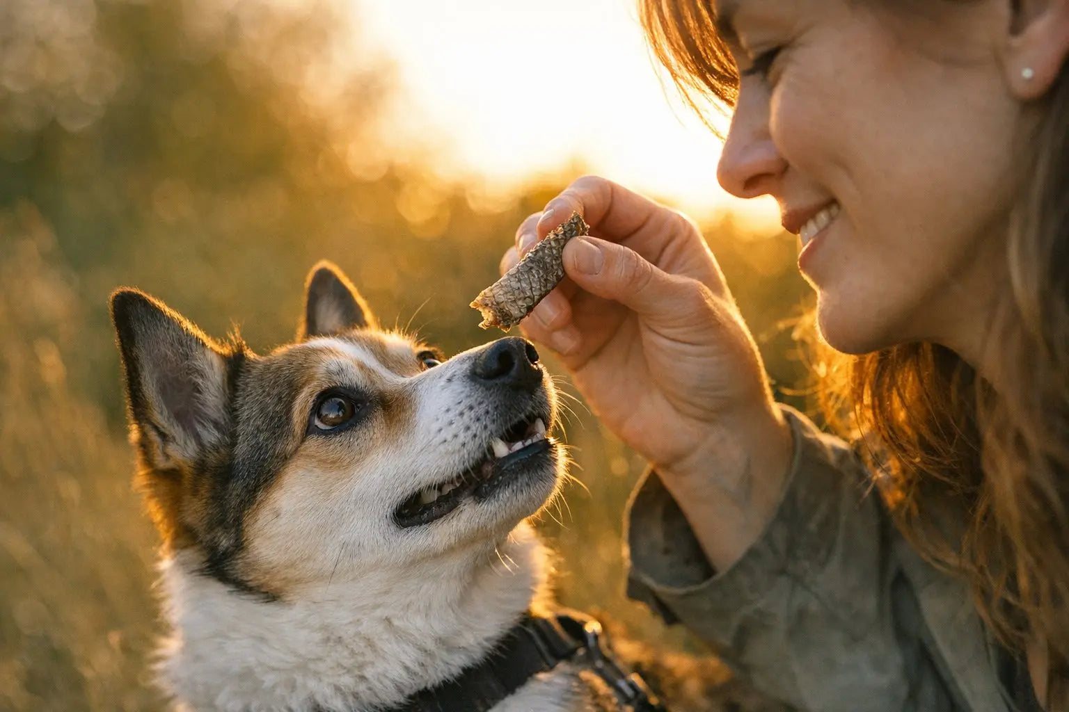 Dog enjoying a fish skin treat while learning what to look for when buying fish skins for dogs