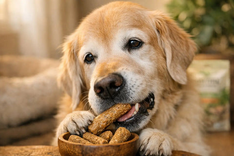 Senior dog enjoying soft treats suitable for dental issues