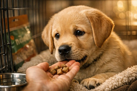 Labrador puppy calmly crate training with food rewards