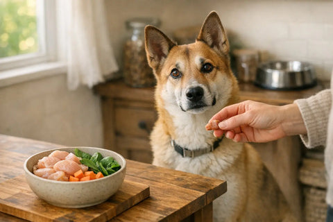 Dog owner gently introducing a new protein to their dog's diet with Plato Pet Treats