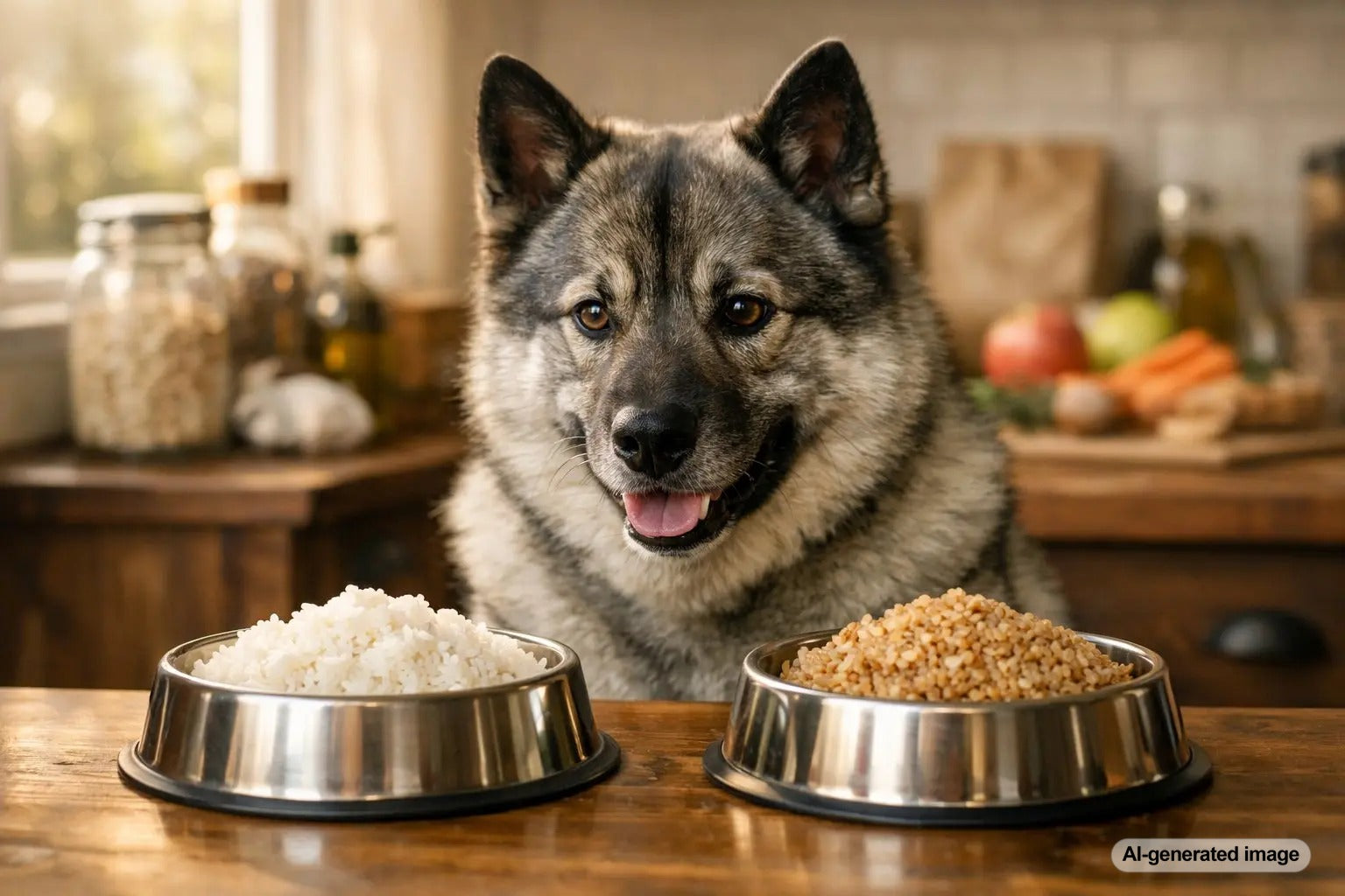 Dog with bowl comparing white rice and brown rice for healthy digestion