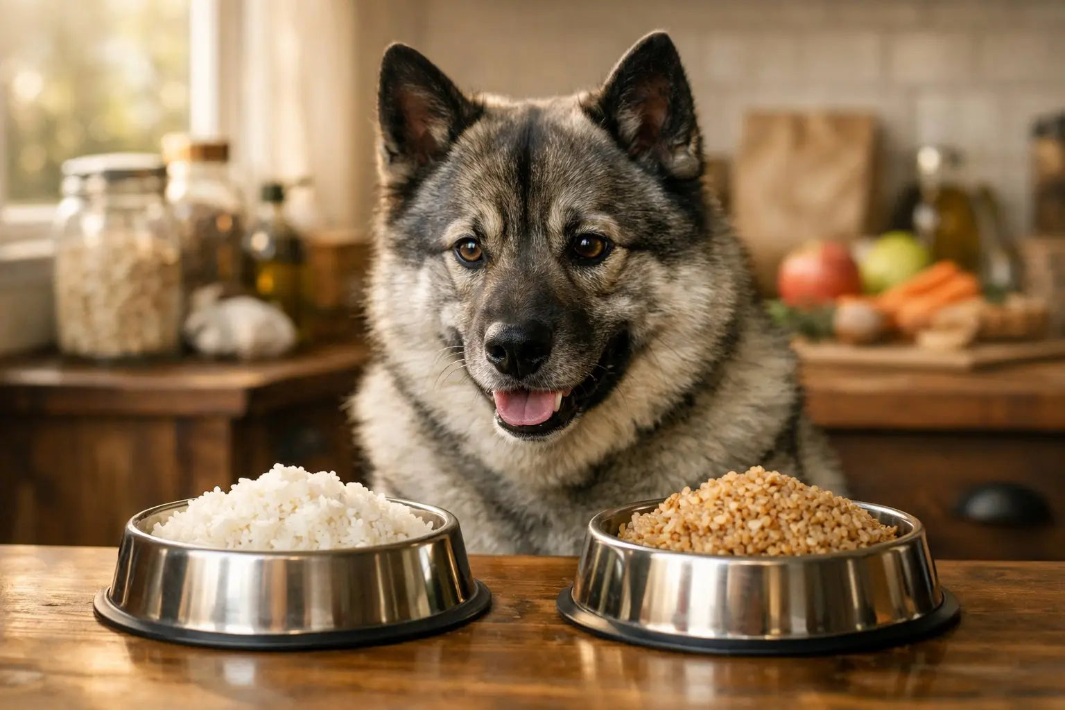 Dog with bowl comparing white rice and brown rice for healthy digestion