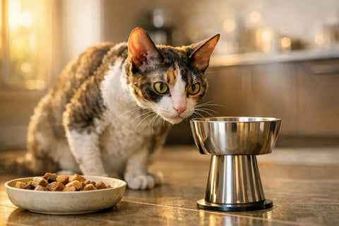Cat experiencing whisker stress while eating from a bowl