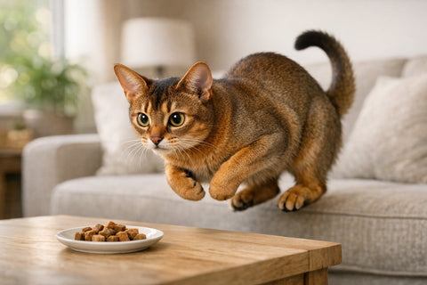 Abyssinian cat sitting upright with bunny-like posture and alert ears