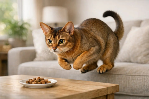 Abyssinian cat sitting upright with bunny-like posture and alert ears