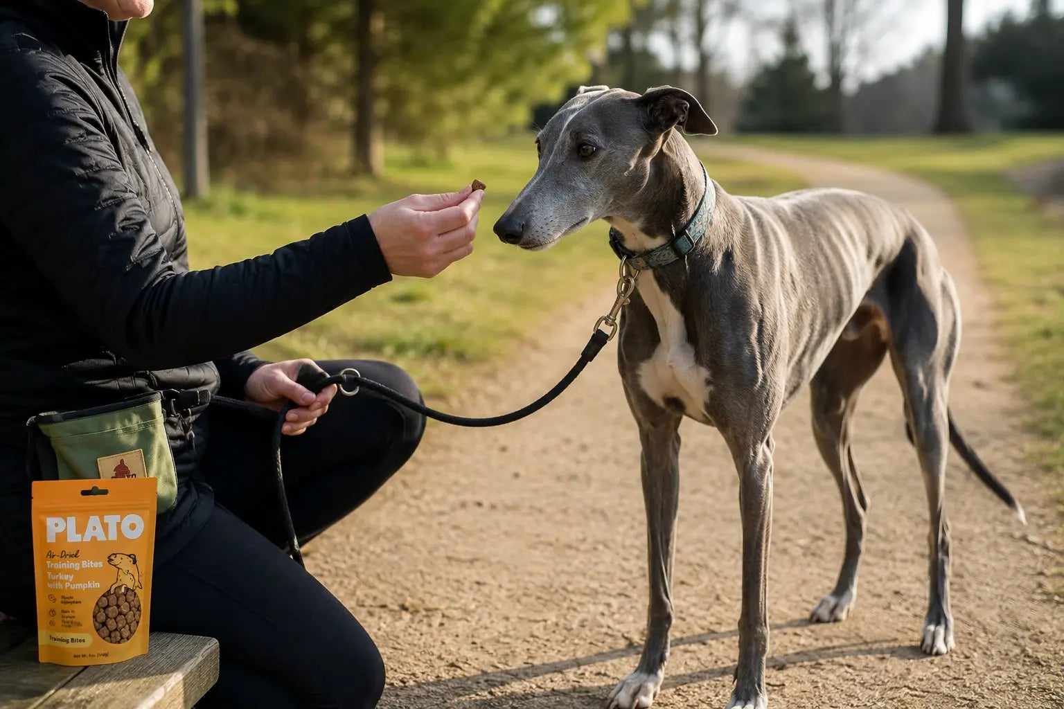 Greyhound sighthound considering healthy training treats from Plato Pet Treats