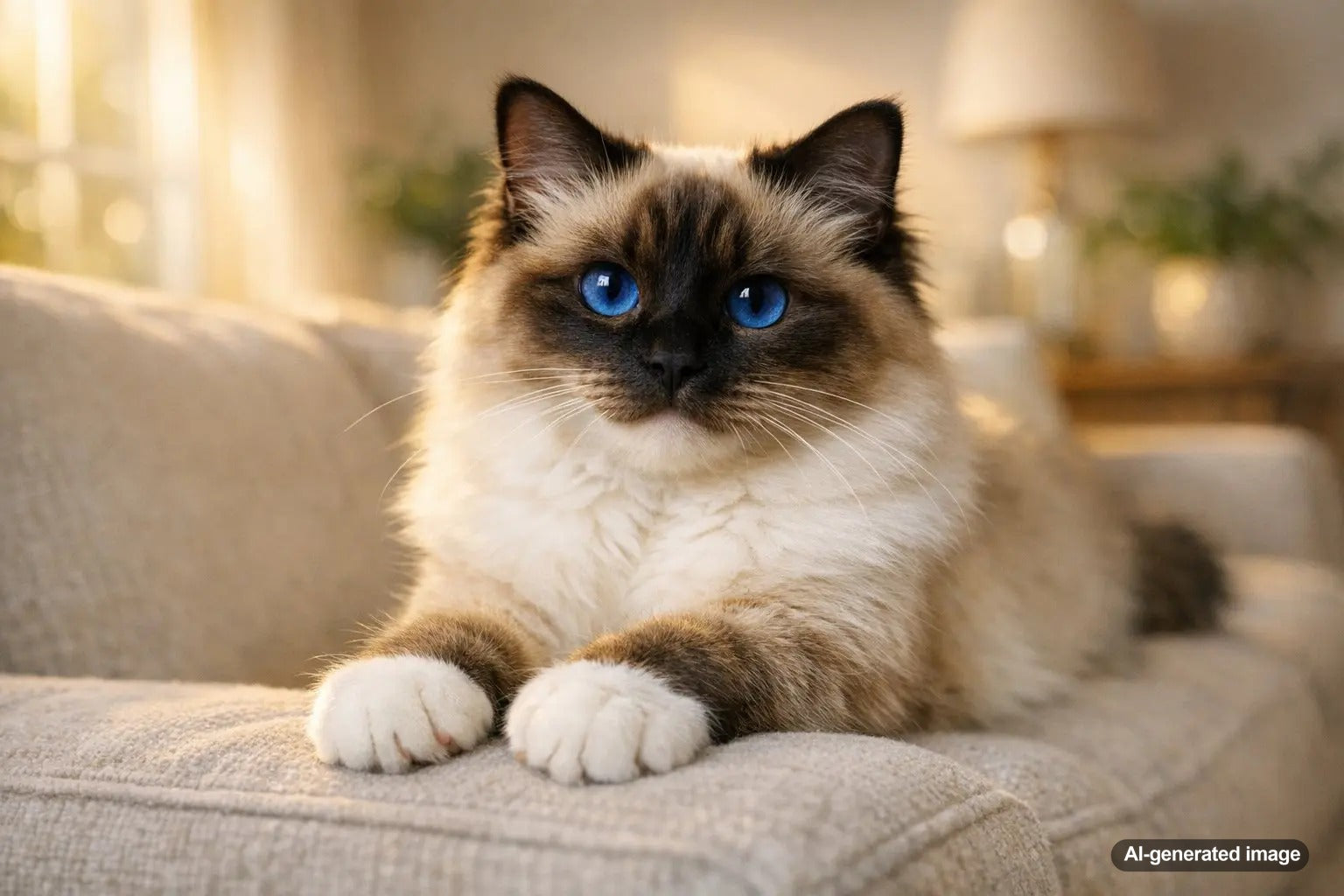 Birman cat with distinctive white gloves on each paw resting elegantly
