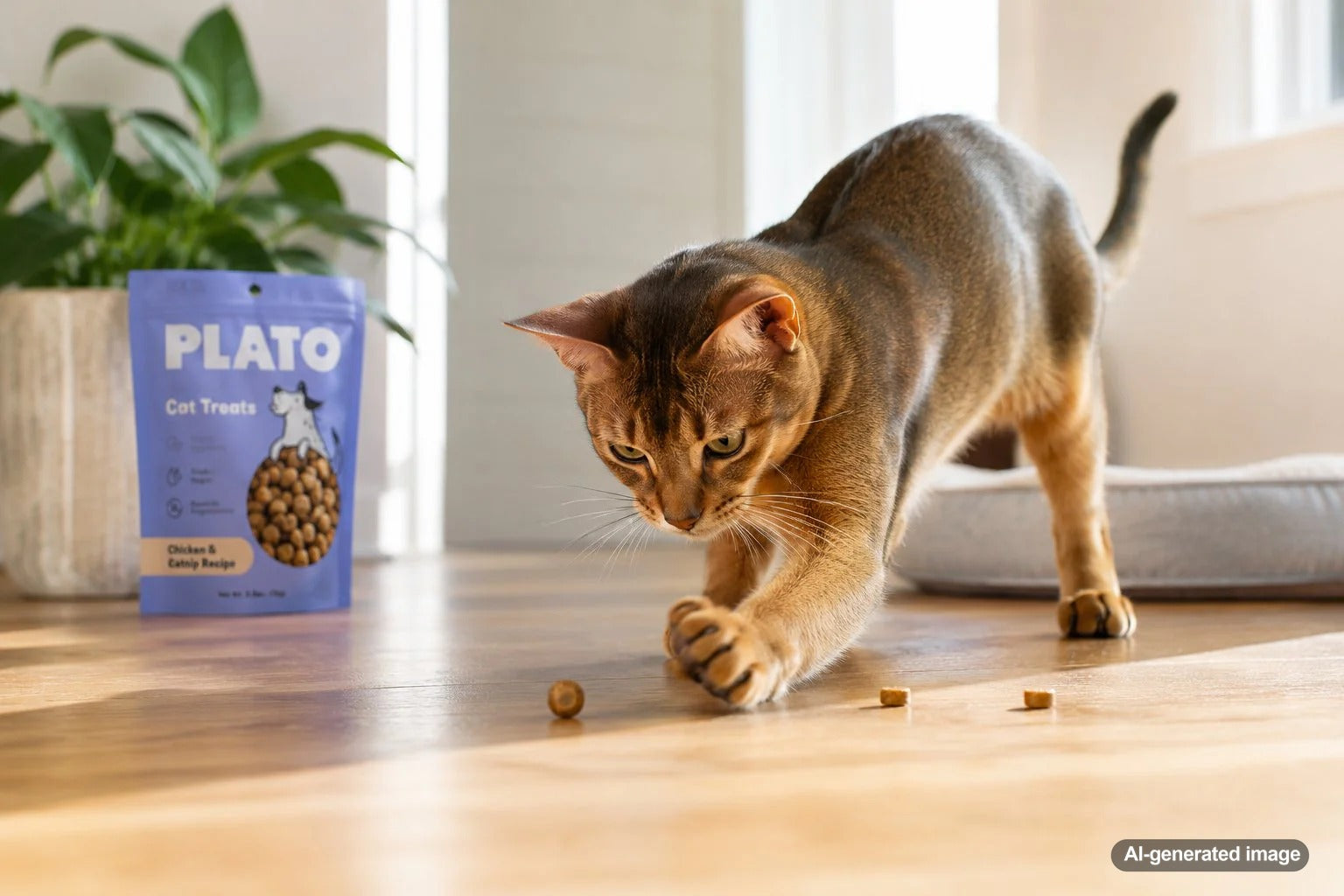 Playful cat batting a small treat across the floor before eating it