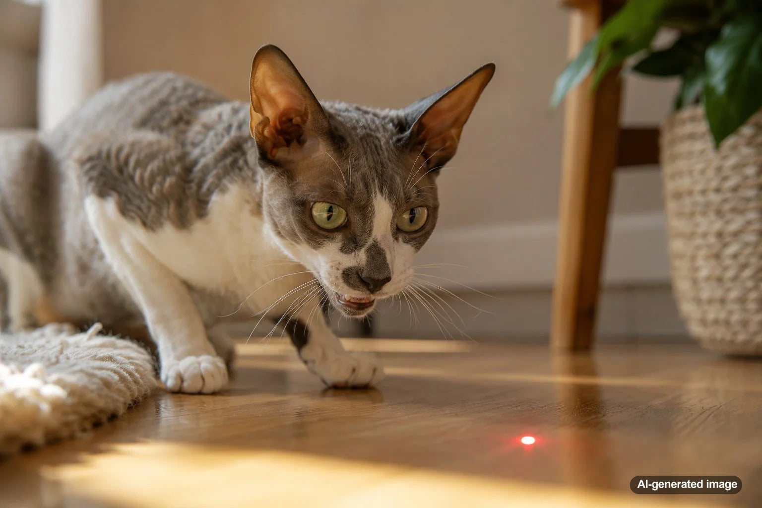 Playful cat focused on a laser dot while making a chattering sound